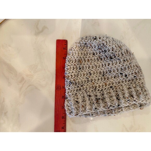 Hand Knitted Cozy Small Beanie Boho Hat Tan Variegated Yarn Thick & Warm - Picture 3 of 8
